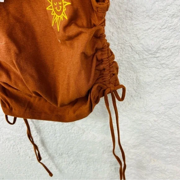 NWT MIGHTY FINE brown embroidered sun scrunched side stretch top size small - Picture 6 of 11